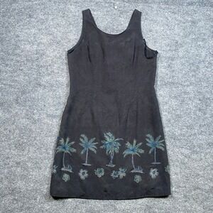 Pineapple Moon Vintage 100% Silk Embroidered Palm Tree Shift Dress Gray Medium